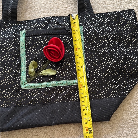 Goody Stylish Large Black Tote Bag with Green and Red Rose Accents - Picture 3 of 7